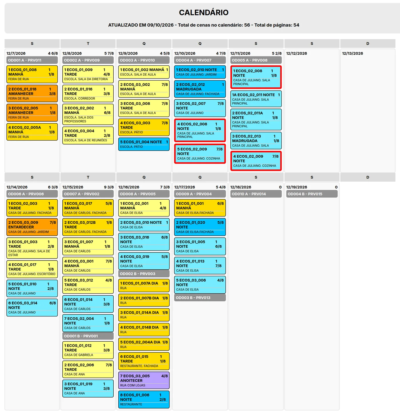 Calendário de gravação