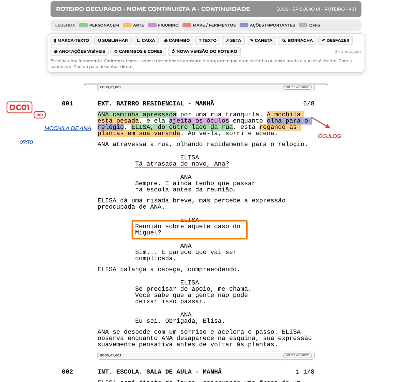 Roteiro decupado com marca-texto, carimbos e anotações