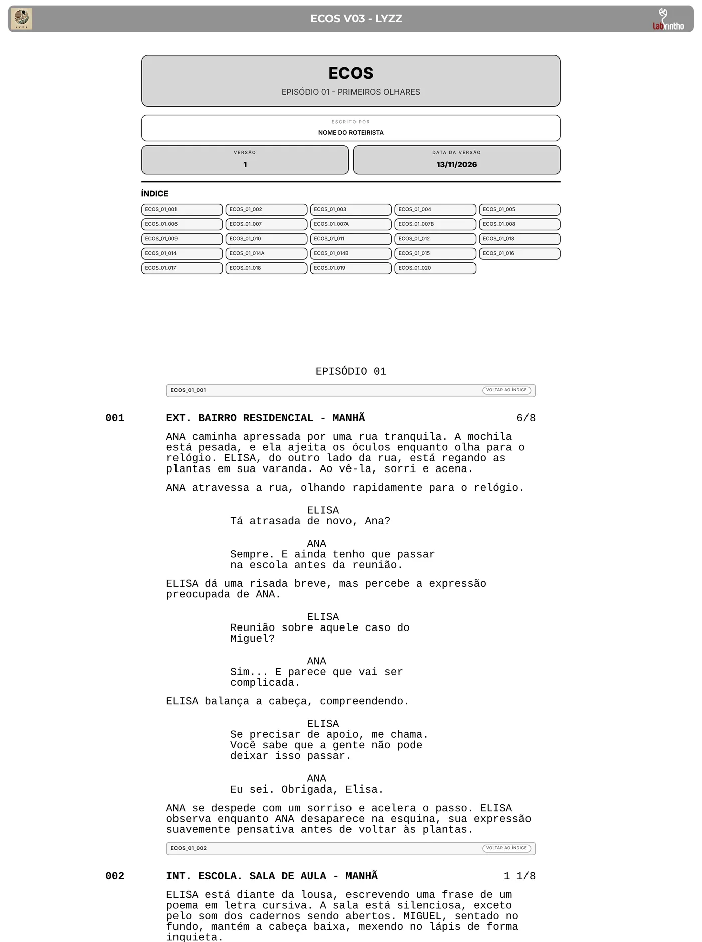 Roteiro formatado com capa e índice